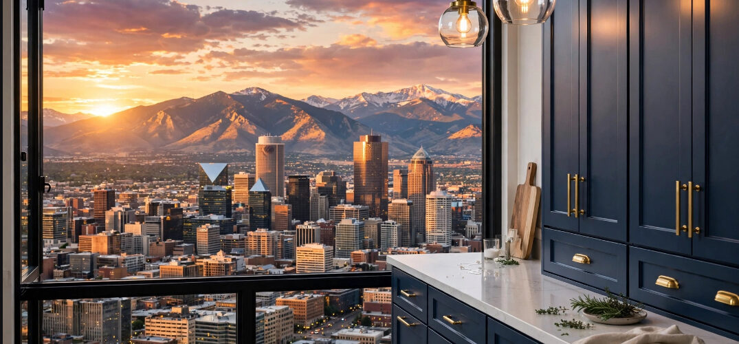 Modern kitchen with dark blue cabinets and marble counters frame a sunset city skyline seen through a wide open window, with mountains in the distance.