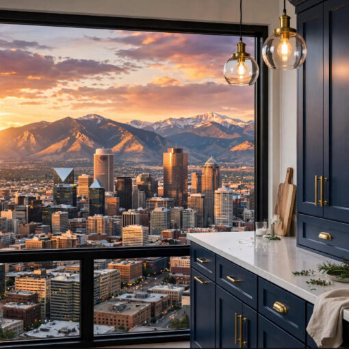 Modern kitchen with dark blue cabinets and marble counters frame a sunset city skyline seen through a wide open window, with mountains in the distance.