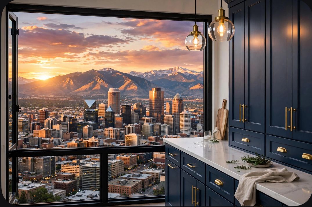 Modern kitchen with dark blue cabinets and marble counters frame a sunset city skyline seen through a wide open window, with mountains in the distance.