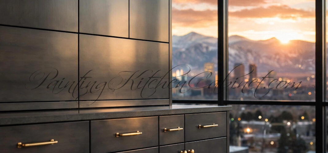 Dark modern kitchen cabinets with gold handles beside a large window showing a sunset over mountains.