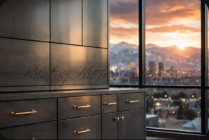 Dark modern kitchen cabinets with gold handles beside a large window showing a sunset over mountains.