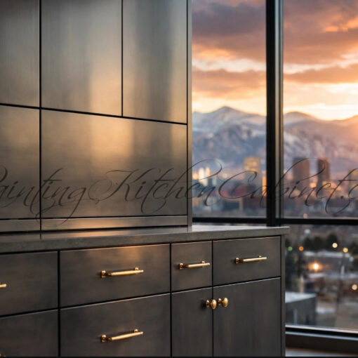 Dark modern kitchen cabinets with gold handles beside a large window showing a sunset over mountains.