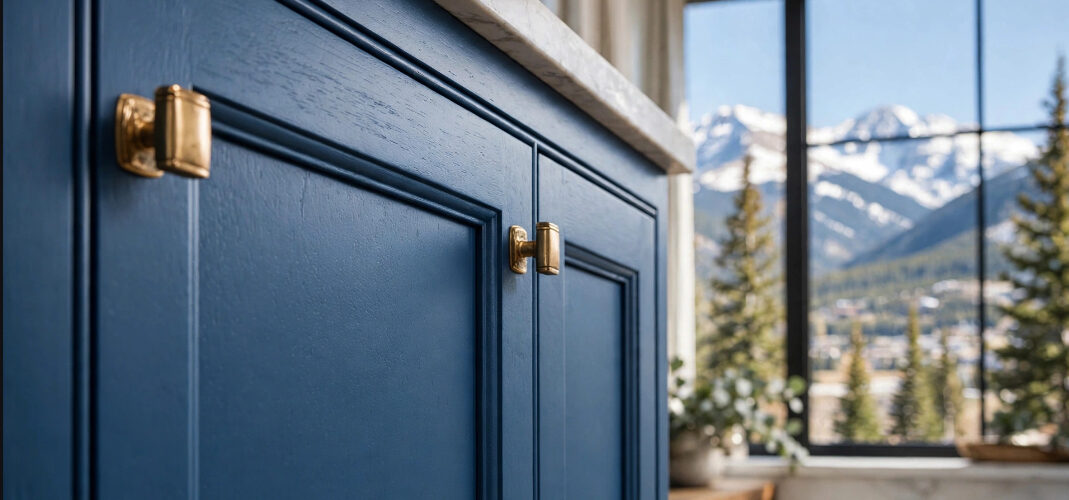 Close-up of blue cabinet doors with brass knobs, a marble countertop above, in a bright room with a mountain view through large windows.