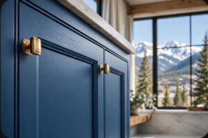 Close-up of blue cabinet doors with brass knobs, a marble countertop above, in a bright room with a mountain view through large windows.