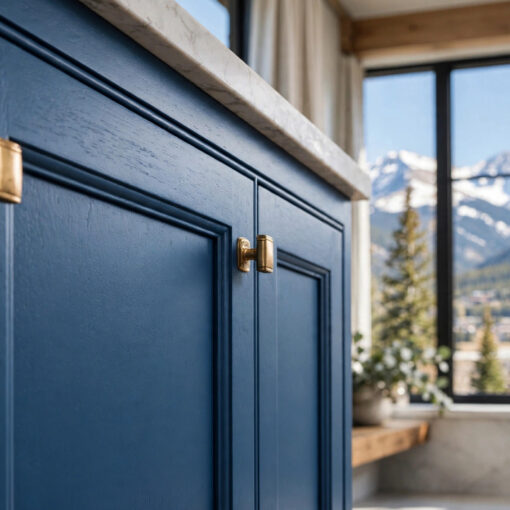 Close-up of blue cabinet doors with brass knobs, a marble countertop above, in a bright room with a mountain view through large windows.